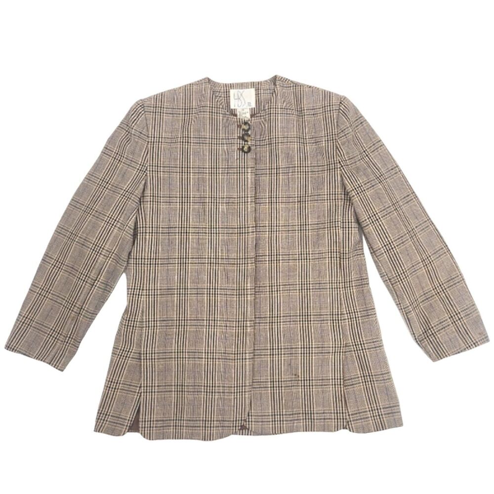 Vintage HBS Ltd Blazer Suit Jacket Women's 14 Brown Black Plaid Scalloped Hem